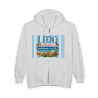 Vintage Beach Hoodie – Retro Lido Beach Zipup with Coastal Palm Tree Design