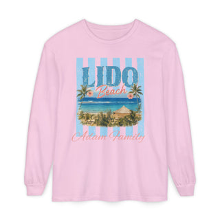 Long Sleeve Beach Lifestyle Shirt Vintage Coastal Fashion Garment Dyed Cotton Design Retro Palm Tree Graphic Relaxed Fit Style Casual Surf Wear Ribbed Cuff Construction Medium Weight Fabric Beach Lover Gift Shoreline Inspired Aesthetic