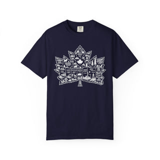 Vintage Camping Shirt Cotton Tee Maple Leaf Graphic Design Forest Mountain Cabin Canoe Scene Illustration Outdoor Adventure Wear Hiking Clothing Essential Relaxed Fit Comfortable Style Wilderness Theme Apparel Garment Dyed Fabric Bonfire