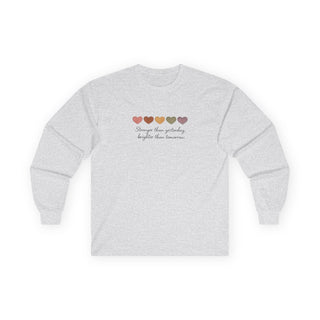 Stronger Than Yesterday Long Sleeve Shirt, Cute Heart Graphic Tee, Aesthetic Minimalist Top