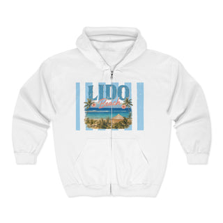 Vintage Beach Hoodie Zip Sweatshirt Perfect Coastal Vacation Gift Palm Tree Graphic Design Retro Lido Beach Scene Soft Blue Sandy Color Palette Medium Weight Knit Fabric Roomy Pockets Comfortable Fit Casual Boardwalk Style Everyday Beach