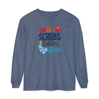 Chaos Scrubs & Rubber Gloves Long Sleeve Shirt Funny Nurse Gift RN LPN Healthcare Worker Tee Nurse Appreciation Medical Professional Gift