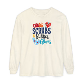 Chaos Scrubs & Rubber Gloves Long Sleeve Shirt Funny Nurse Gift RN LPN Healthcare Worker Tee Nurse Appreciation Medical Professional Gift
