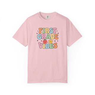 First Grade Teacher Vibes Tee Back To School Shirt Comfortable Garment Dyed Cotton Pastel Bubble Letters Heart Star Graphics Relaxed Fit Teacher Apparel