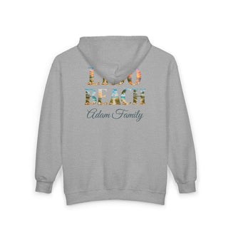 Vintage Beach Hoodie – Retro Lido Beach Zipup with Coastal Palm Tree Design