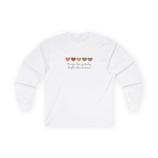 Stronger Than Yesterday Long Sleeve Shirt, Cute Heart Graphic Tee, Aesthetic Minimalist Top