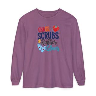 Chaos Scrubs & Rubber Gloves Long Sleeve Shirt Funny Nurse Gift RN LPN Healthcare Worker Tee Nurse Appreciation Medical Professional Gift