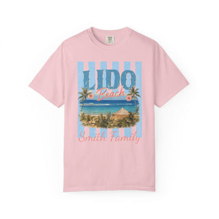 Garment Dyed Beach Tee Soft Cotton Fabric Vintage Coastal Graphic Shirt Retro Palm Tree Design Comfortable Heavyweight Knit Pre Shrunk Quality Construction Relaxed Fit Summer Shirt Casual Beachfront Style Faded Beach Print Everyday Vacation