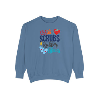 Chaos Scrubs & Rubber Gloves Sweatshirt, Funny Nurse Gift, RN LPN Healthcare Worker Sweatshirt, Nurse Appreciation Gift, Medical Professional Crewneck