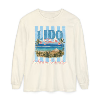Garment Dyed Cotton Shirt Vintage Beach Design Long Sleeve Coastal Fashion Retro Palm Tree Graphic Relaxed Fit Casual Wear Surf Culture Style Beach Lifestyle Essential Ribbed Cuff Construction Medium Weight Fabric Shoreline Inspired