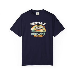 Airplane Mode Graphic Tee Travel Lover Gift Retro Sunset Design Aviation Theme Shirt Wanderlust Apparel Collection Vintage Airplane Silhouette Cotton Garment Dyed Fabric Relaxed Fit Comfortable Wear Casual Style Vacation Outfit Essential