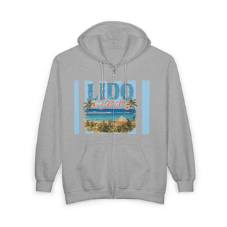 Vintage Beach Hoodie – Retro Lido Beach Zipup with Coastal Palm Tree Design
