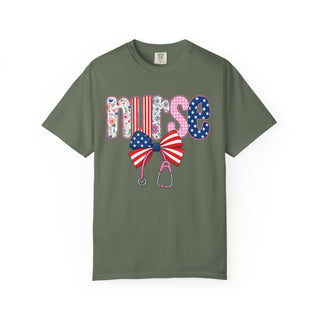 Coquette Nurse Shirt USA Flag Bow Stethoscope Tee Girly Nursing Shirt Nurse Appreciation Gift ICU Pediatric Urgent Care Tee