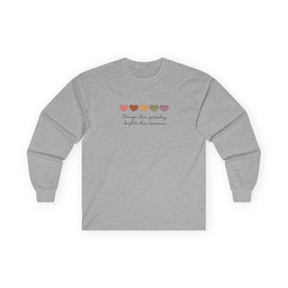 Stronger Than Yesterday Long Sleeve Shirt, Cute Heart Graphic Tee, Aesthetic Minimalist Top