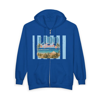 Vintage Beach Hoodie – Retro Lido Beach Zipup with Coastal Palm Tree Design