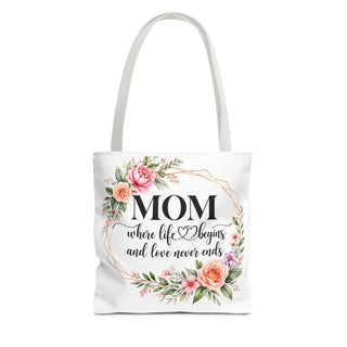 Floral Mom Tote Bag Where Life Begins Love Never Ends Gift