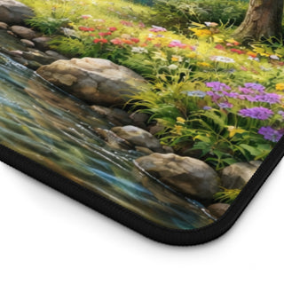 Forest Stream Desk Mat – Nature Mouse Pad with Flowers & Mountains for Nature Lovers