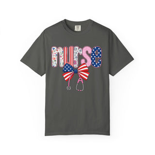 Coquette Nurse Shirt USA Flag Bow Stethoscope Tee Girly Nursing Shirt Nurse Appreciation Gift ICU Pediatric Urgent Care Tee