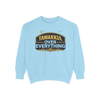 Islamic Faith Sweatshirt Tawakkul Message Design Embroidered Crewneck Collection Crescent Moon Star Motif Muslim Gift Essential Perfect Ramadan Present Eid Celebration Garment Dyed Fabric Relaxed Fit Style Contemporary Islamic Fashion