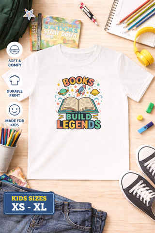 Books Build Legends Kids T-Shirt – Cool Reading Graphic Tee for Boys, Fun Book Lover Shirt for Kids