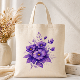 Purple Floral Cotton Canvas Tote Bag, Aesthetic Reusable Shopping Bag