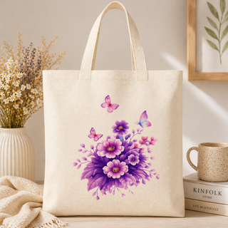 Purple Floral Cotton Canvas Tote Bag, Aesthetic Reusable Gift