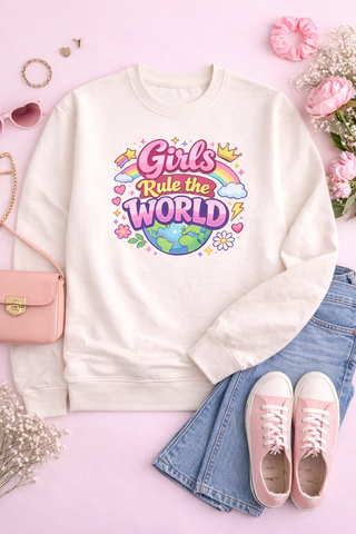 Girls Rule The World Sweatshirt Cute Empowering Kids Graphic Crewneck