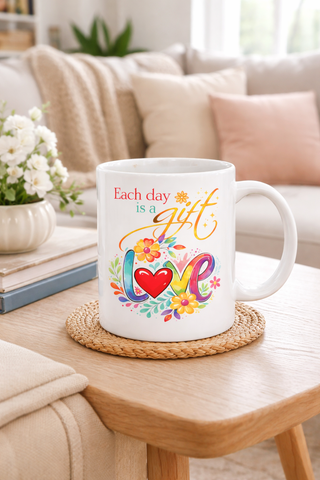 Each Day Is a Gift Love Floral Ceramic Mug Inspirational 11oz 15oz