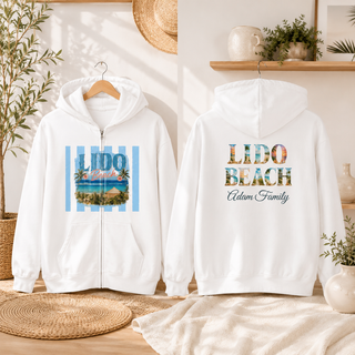 Vintage Beach Hoodie – Retro Lido Beach Zipup with Coastal Palm Tree Design