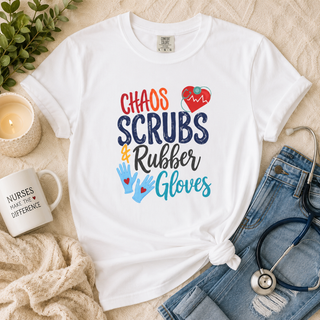 Chaos Scrubs & Rubber Gloves T-Shirt, Funny Nurse Shirt, RN LPN Gift, Healthcare Worker Tee, Nurse Appreciation Shirt, Medical Professional Gift