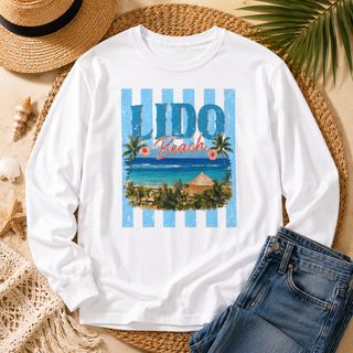 Lido Beach Vintage Coastal Long Sleeve Tee Tropical Beach Vacation Shirt Retro Summer Travel Top Palm Tree Ocean Graphic Gift for Beach Lovers