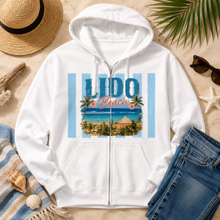 Lido Beach Vintage Coastal Hoodie Tropical Beach Vacation Hooded Sweatshirt Retro Summer Travel Hoodie Palm Tree Ocean Graphic Gift for Beach Lovers