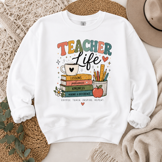 Teacher Life Retro Sweatshirt, Cute Vintage Teacher Crewneck, Coffee Teach Inspire Repeat Gift for Teachers and Educators