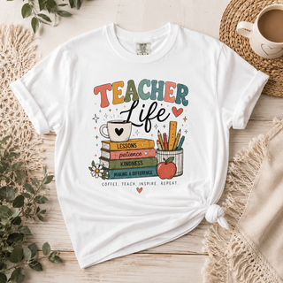 Teacher Life Retro Graphic Tee, Cute Vintage Teacher Shirt, Coffee Teach Inspire Repeat Gift for Teachers and Educators
