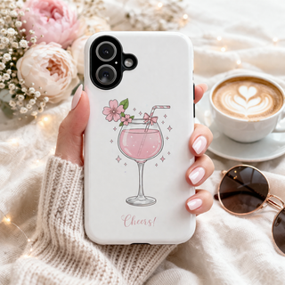 Pink Floral Wine Glass Phone Case, Cute Cheers Cocktail Aesthetic Gift
