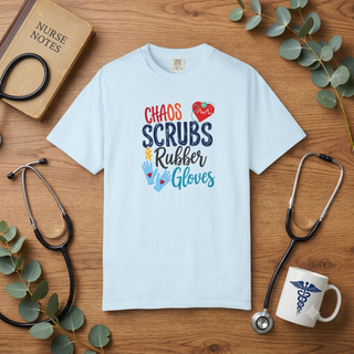 Chaos Scrubs & Rubber Gloves T-Shirt, Funny Nurse Shirt, RN LPN Gift, Healthcare Worker Tee, Nurse Appreciation Shirt, Medical Professional Gift