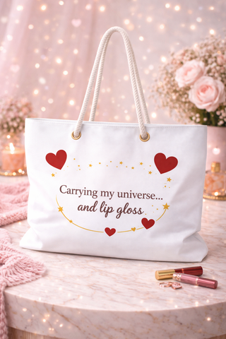 Carrying My Universe & Lip Gloss Tote Bag, Cute Aesthetic Canvas Gift