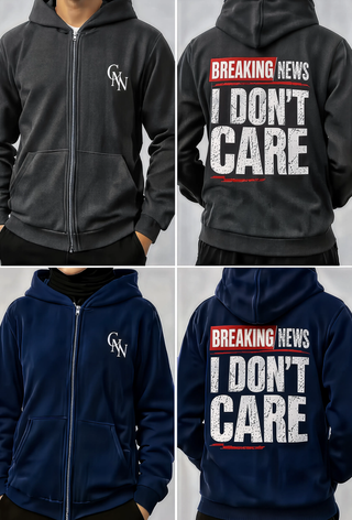 Breaking News I Don't Care Full Zip Unisex Hoodie with Front and Back Design