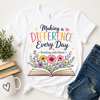 Making a Difference Every Day Teacher Shirt, Teaching with Heart Tee, Inspirational Teacher Gift, Cute Floral Teacher T-Shirt