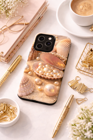 Pearl Seashell Tough Phone Case, Beachy Luxe Protective Aesthetic Cover