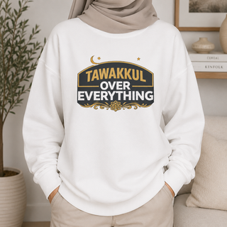 Tawakkul Sweatshirt Islamic Faith Statement Embroidered Crewneck Design Crescent Moon Star Motif Muslim Clothing Essential Garment Dyed Fabric Relaxed Fit Comfort Daily Wear Mosque Outfit Perfect Ramadan Gift Eid Present Contemporary